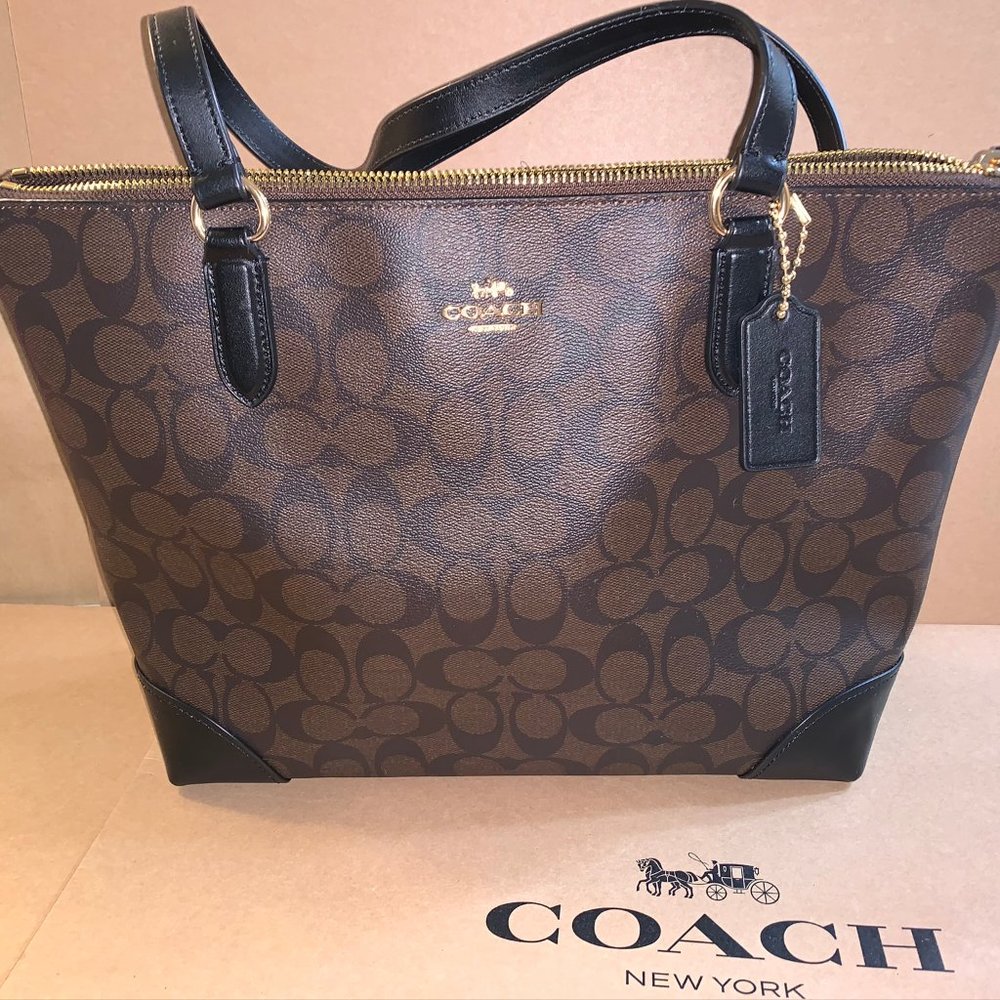Coach Zip Top Signature Tote NWT Brown/Black/Gold